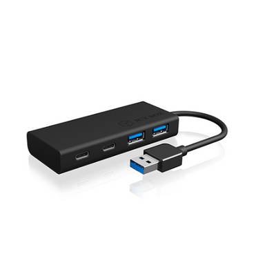 USB-elosztó négy csatlakozóval: két USB-C és két USB-A port, fekete ház, rövid kábelcsatlakozás.