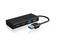 Egy fekete USB-C elosztó két USB-C és két USB-A csatlakozóval, rövid kábellel és USB-csatlakozóval összekötve.