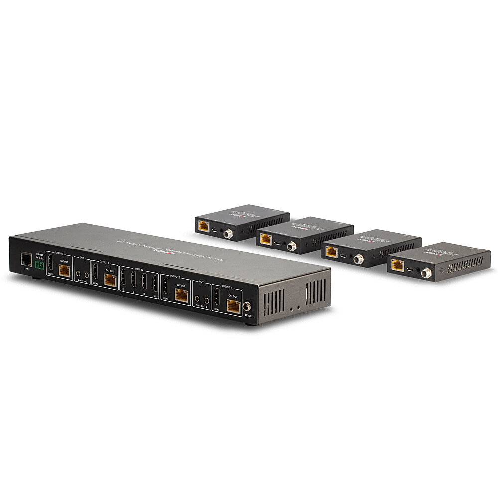 Egy fekete HDMI-elosztó több csatlakozóporttal, mellette négy kisebb adapter. Műszaki eszközök fehér háttér előtt.