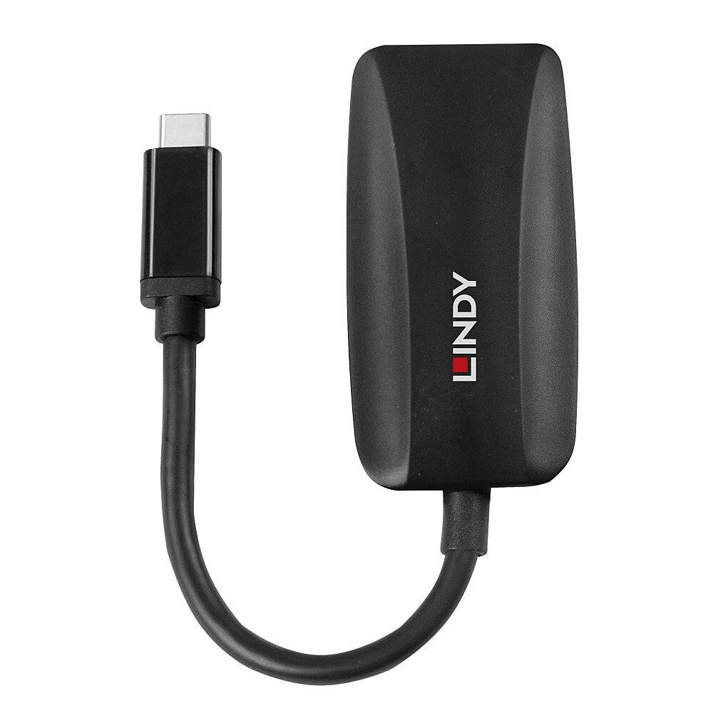 Egy fekete USB-C-adapter rövid, rugalmas kábellel. Az adapteren a 'LINDY' logó látható.