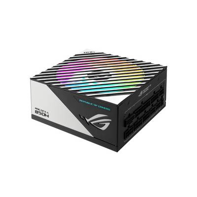 Egy fehér PC-tápegység RGB-megvilágítással a tetején, '850W' felirattal ellátva. A 'ROG STRIX' terméknév látható rajta.
