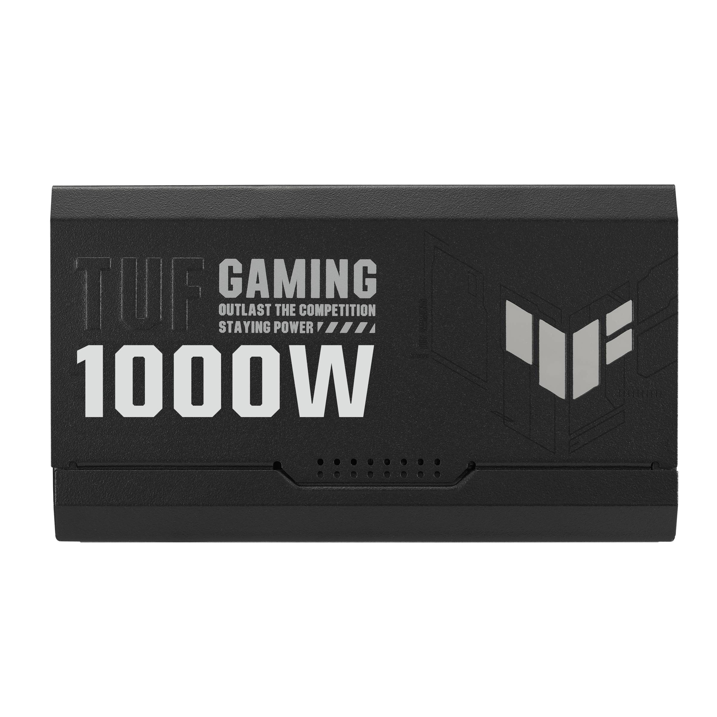 Egy fekete tápegység 'TUF Gaming 1000W' felirattal. Erős gaming-számítógépekhez alkalmas.