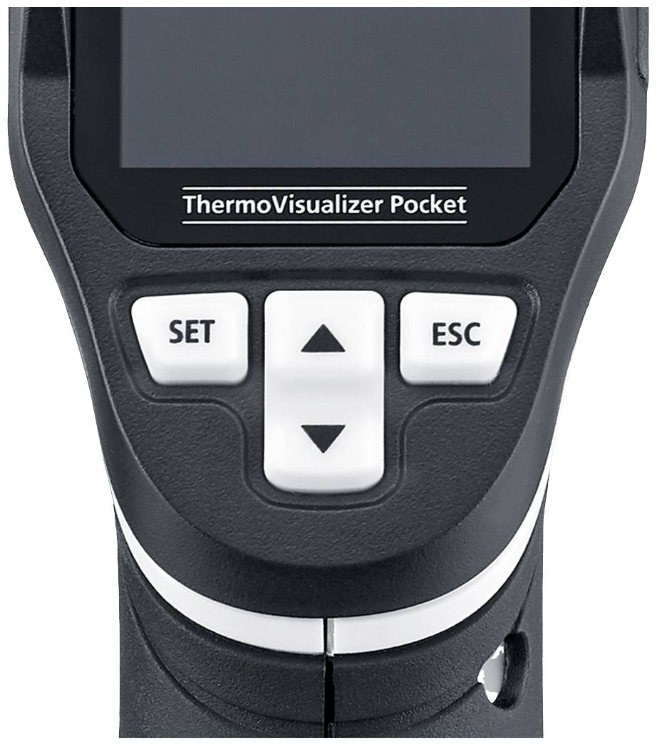 Közeli kép egy hordozható ThermoVisualizer készülékről, amelynek képernyője alatt három gomb látható ('SET', felfelé nyíl, 'ESC').