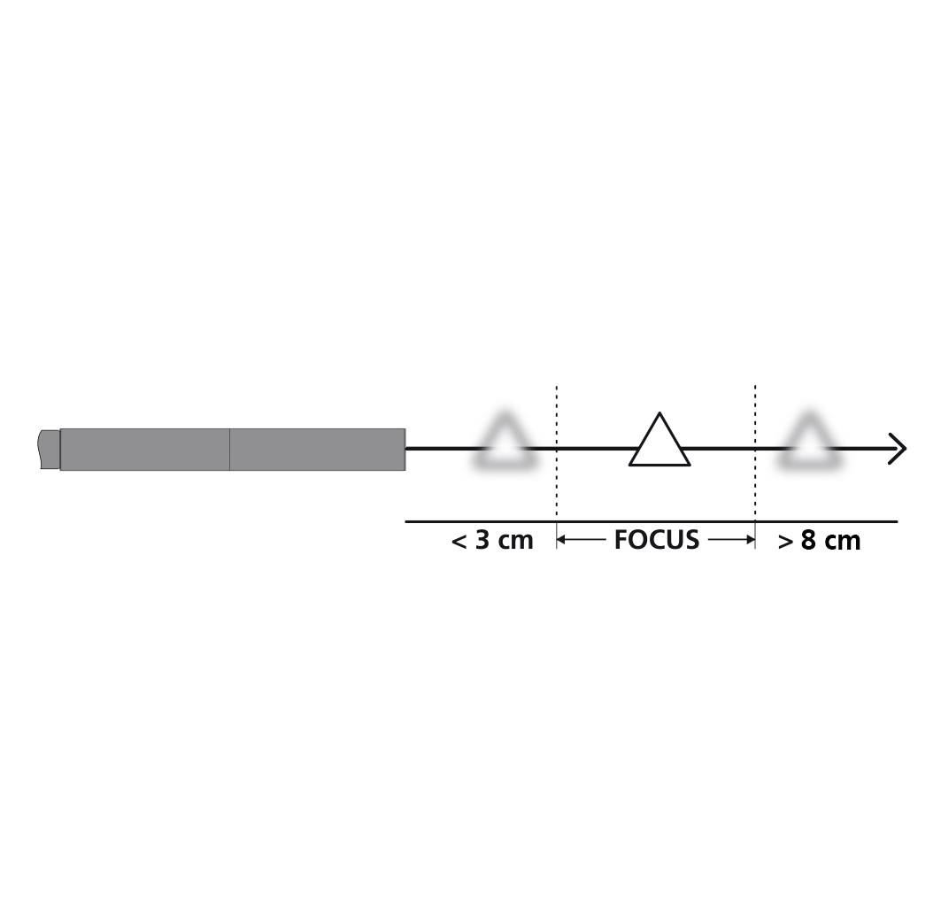 Egy diagram mutatja, hogy 3 cm-nél kevesebb távolságra a FÓKUSZ-tól a tárgyak elmosódottak, a FÓKUSZ-tartományban (3-8 cm) élesek, 8 cm felett pedig ismét elmosódottak.
