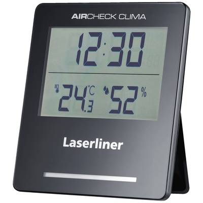 Digitális asztali hőmérő mutatja az időt '12:30', hőmérsékletet '24,3°C' és páratartalmat '52%'. Eszköz a Laserliner gyártótól.