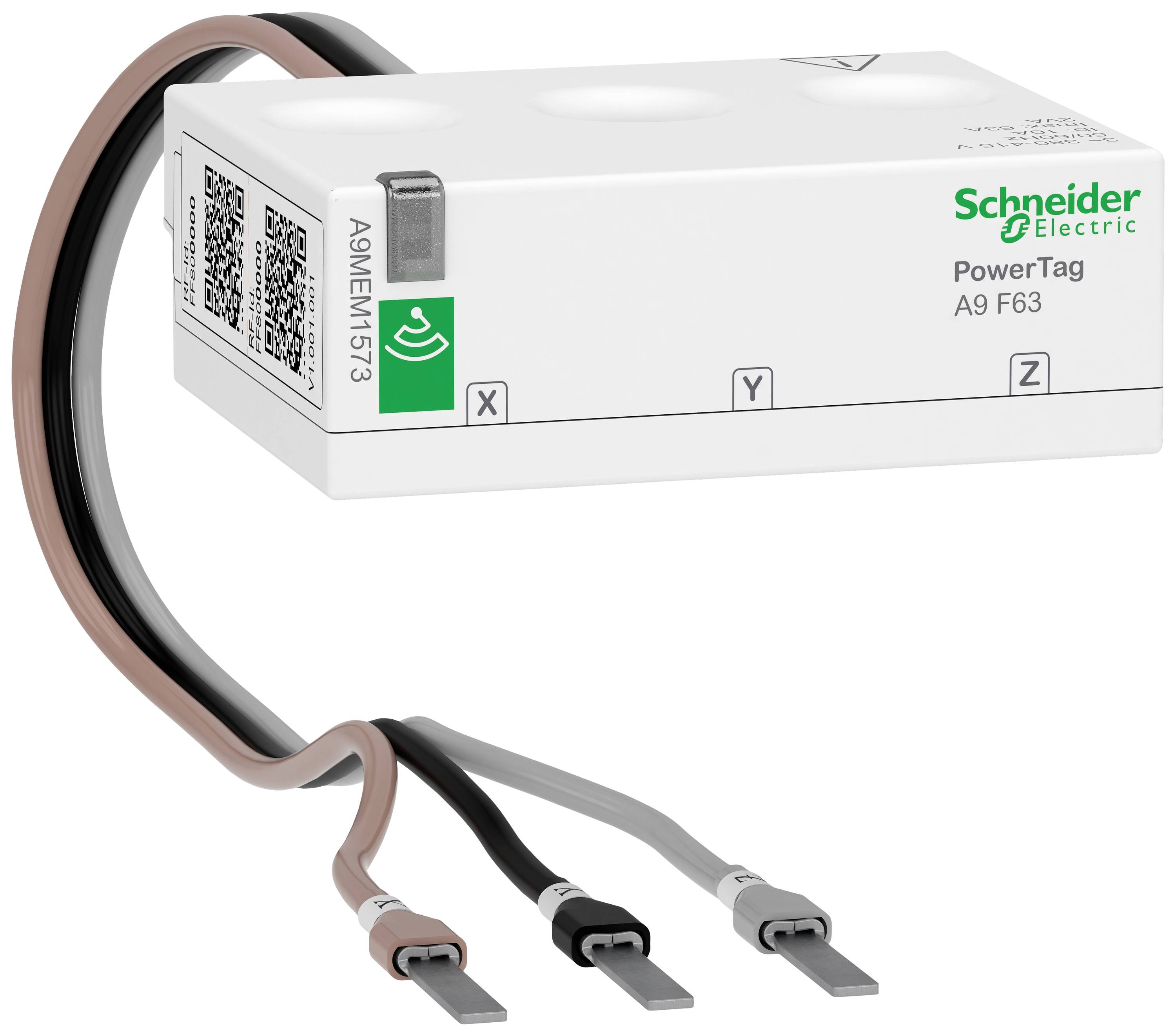 Schneider Electric PowerTag A9 F63 érzékelő három színes kábellel. Vezeték nélküli energiafelügyelethez használják.