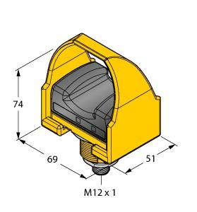 Műszaki rajz egy sárga burkolatról méretekkel: magasság 74 mm, szélesség 69 mm, mélység 51 mm. Menet M12 x 1.