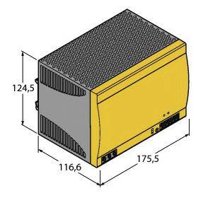 Sárga téglalap alakú elektromos készülék szellőzőnyílásokkal, méretei: 124,5 mm magasság, 116,6 mm szélesség, 175,5 mm mélység.