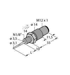 Egy M12 x 1 menetes érzékelő műszaki rajztervének ábrázolása, részletes méretekkel és specifikációkkal.