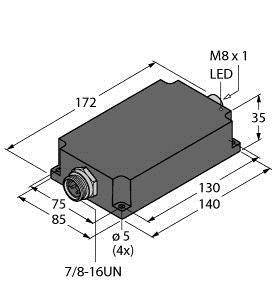 Műszaki rajz egy téglalap alakú eszközről a következő méretekkel: 172 x 85 mm. M8 x 1 menettel, LED-ekkel és 7/8-16UN csatlakozóval.