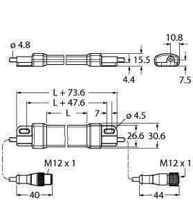 Műszaki rajz egy csatlakozóról: M12 x 1 méret, átmérő, távolságok milliméterben megadva. Felülnézeti profil.