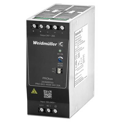 Egy ezüstszínű Weidmüller hálózati tápegység modell 'PRObas 480W', alkalmas 24V, 20A kimenetre. Az előlap csatlakozókat és jelzőfényeket mutat.