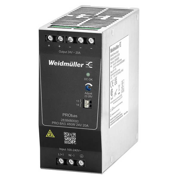 Weidmüller 2838480000 Kalapsínes tápegység  24 V 20 A 480 W Kimenetek száma:1 x  Tartalom, tartalmi egységek rendelésenként 1 db