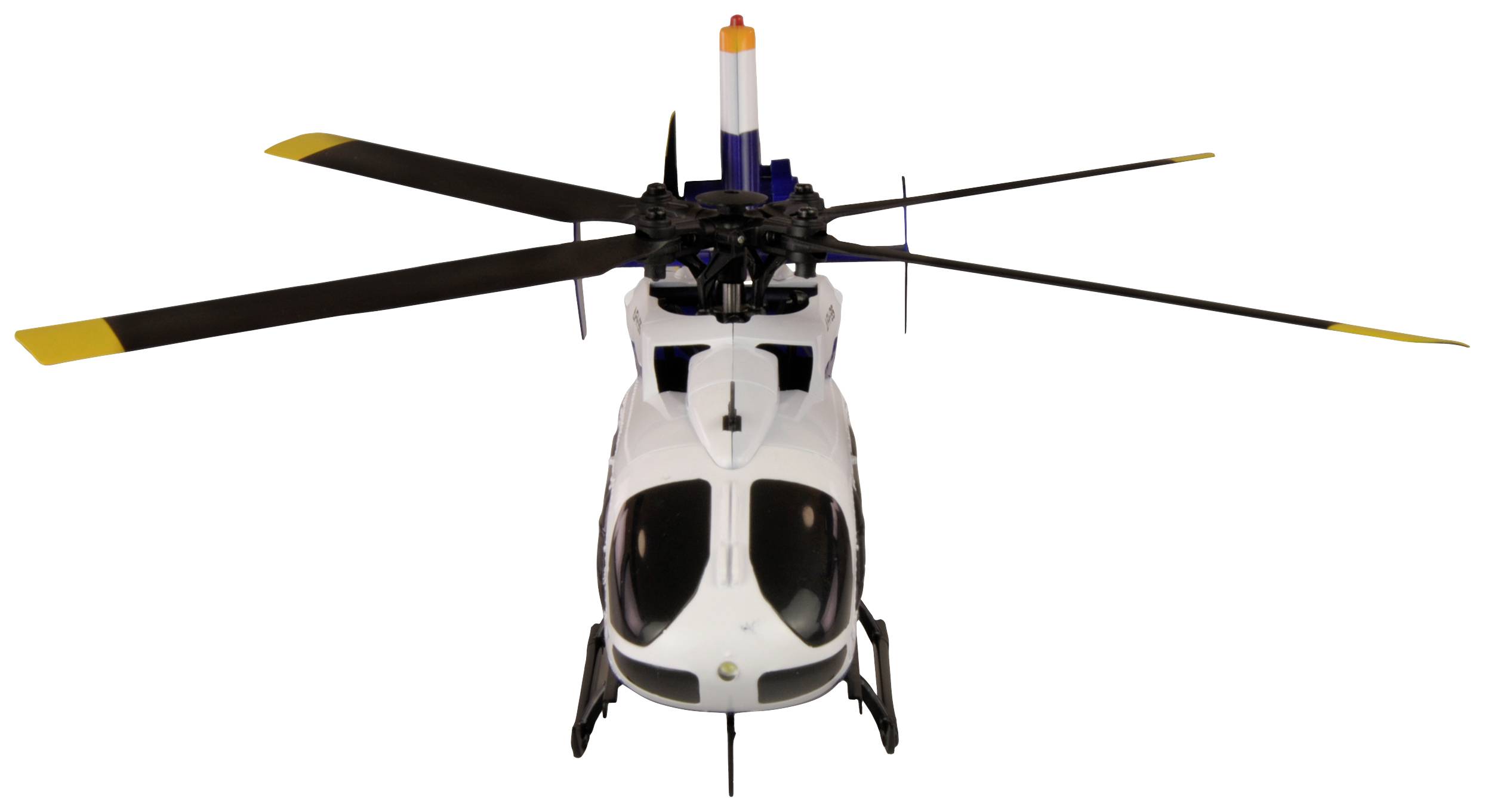 Fehér helikopter modellje elölnézetben, négy rotorlapáttal és sárga hegyekkel.