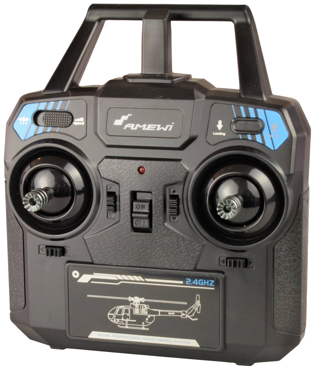 Egy fekete, távirányítós kontroller két joystickkel, kék akcentusokkal és egy helikopter vázlatával az elülső oldalán.