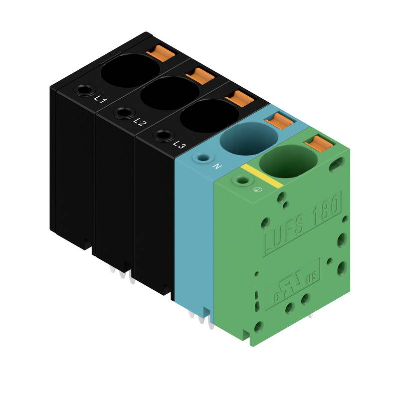 A kép egy négy csatlakozóval rendelkező elektromos csatlakozómodult ábrázol, amelynek csatlakozói 'L1', 'L2', 'L3', 'N' felirattal vannak ellátva, egy zöld szakasz mellett, amelyen 'PE' szerepel.