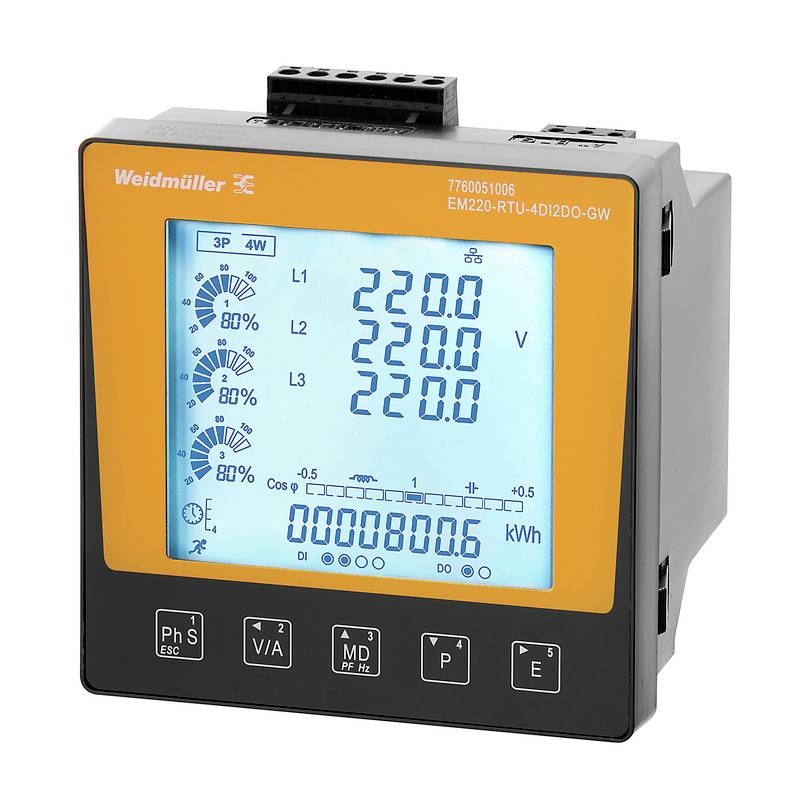 Egy narancssárga-fekete kijelzőeszköz elektromos mérési értékeket mutat. A képernyő feszültségeket (230,0 V) és energiafogyasztást (0,0008006 kWh) jelenít meg.