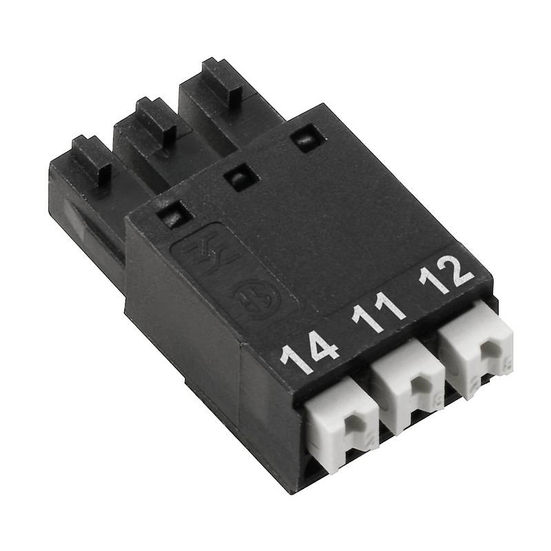 Egy fekete csatlakozó négy fehér érintkezővel, amelyek '14', '11' és '12' felirattal vannak ellátva.