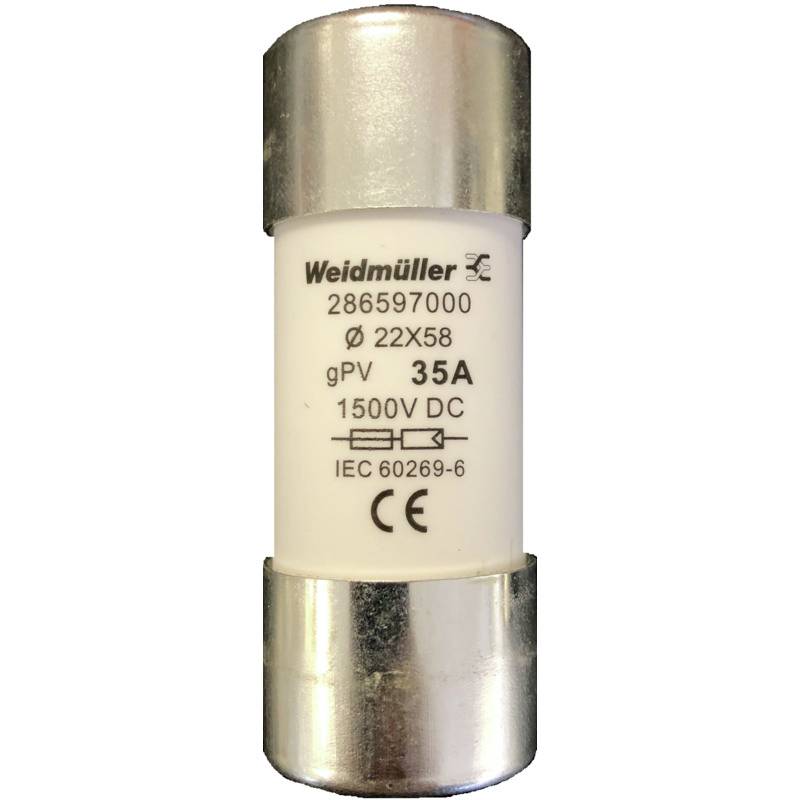 Weidmüller biztosíték 35A, 1500V DC, 22x58 mm, gPV-típus, az IEC 60269-6 szabvány szerint. Modellszám: 286597000.