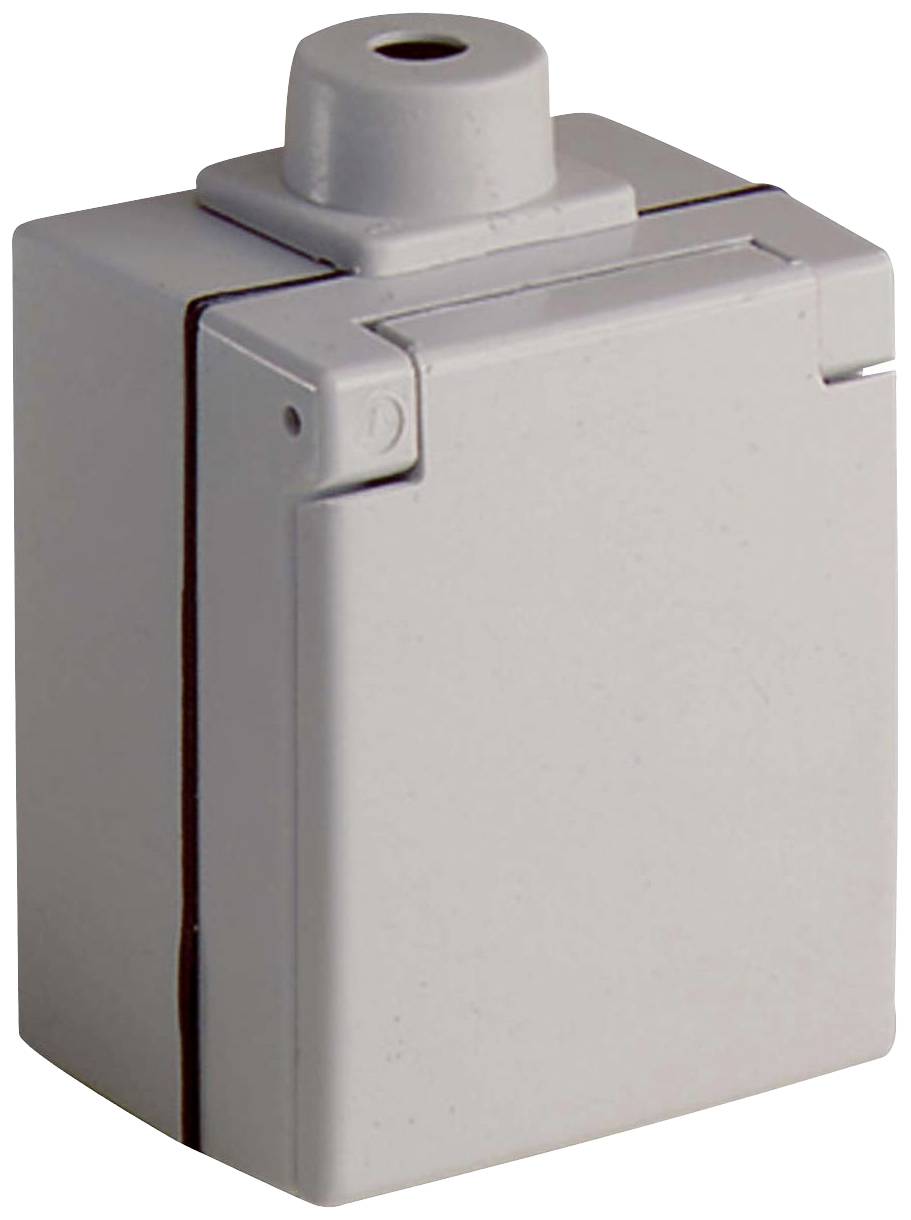 Szürke, téglalapú ház kerek csatlakozóval felül. Sima élekkel rendelkezik és egy fedéllel az elülső oldalán.