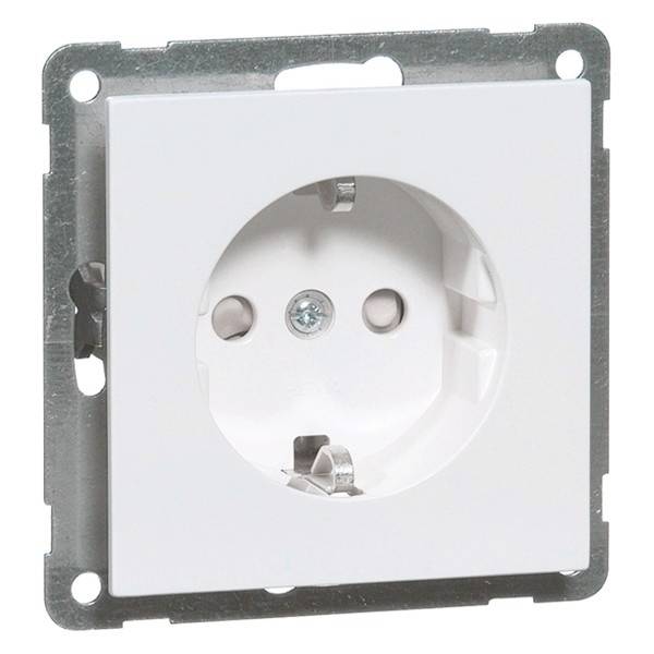 Fehér európai fali csatlakozó, négyzet alakú, fémkerettel. Csatlakozó nyílások függőlegesen elrendezve. Elsősorban elektromos csatlakozásokhoz használatos.