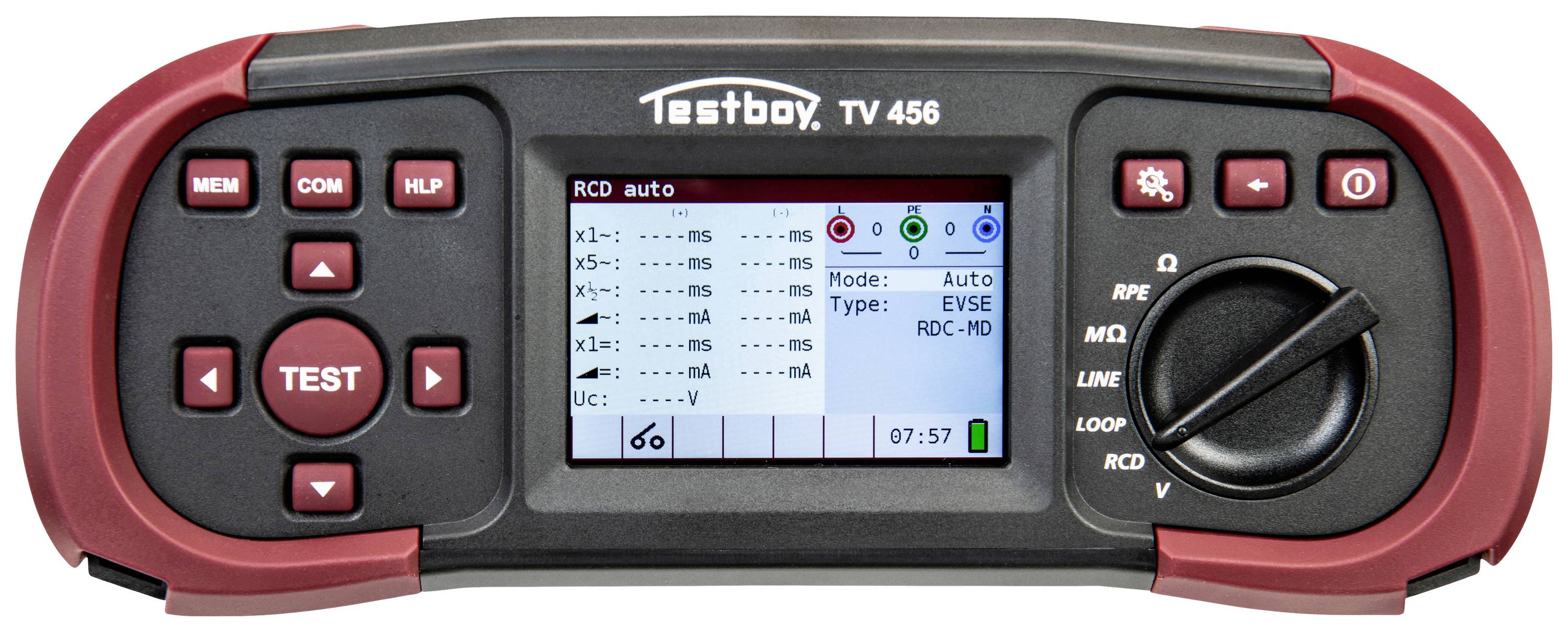 A kép egy digitális mérőkészüléket, a 'Testboy TV 456' típust mutatja, amelynek képernyője és kezelőszervei vannak, és elektromos vizsgálatokhoz használják.