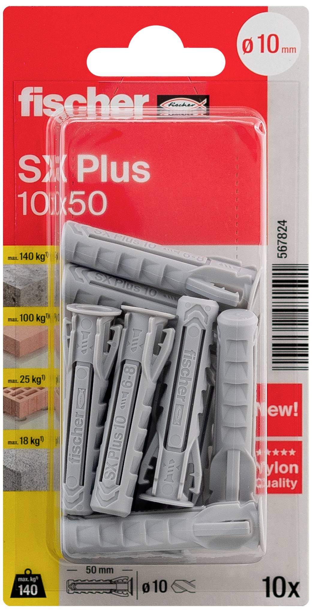 Fischer SX Plus dübel-szett 10x50 mm, alkalmas betonhoz és falazathoz, teherbírás akár 140 kg-ig. A csomagolás piros és szürke színárnyalatokat mutat.