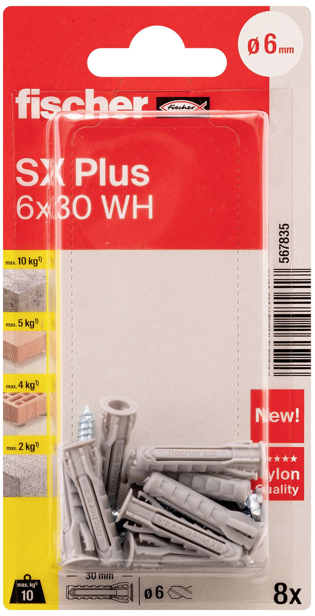 Fischer SX Plus 6x30 dübel és csavar csomag. Alkalmas 10 kg-ig terjedő terheléshez. 8 darabos készlet, Ø6 mm.