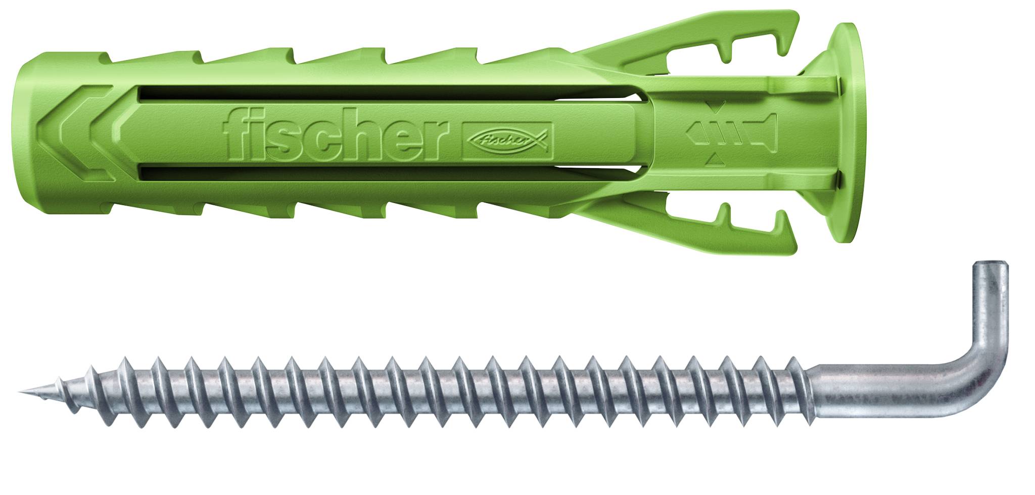 Zöld Fischer-dübel 'SX Plus Green 6x30' csavarokkal, bliszter csomagolásban, 10 kg teherbírású betonfelületekhez.