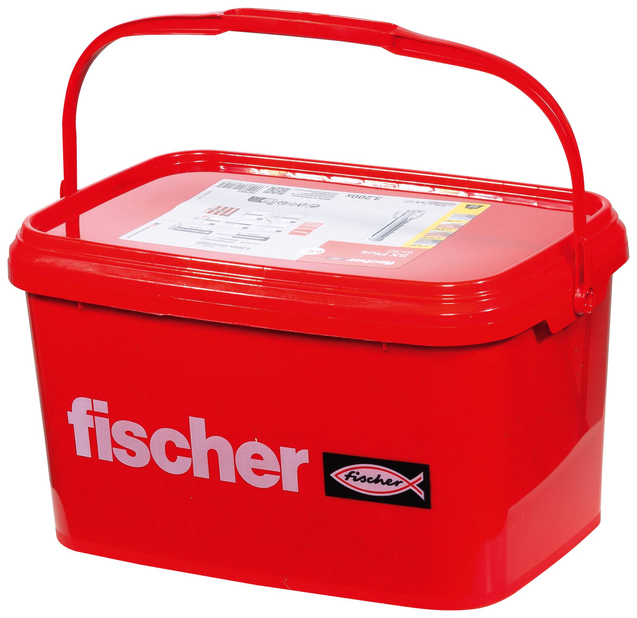 Egy piros vödör Fischer logóval és fogantyúval, amelyet valószínűleg rögzítőanyagok tárolására használnak. A Fischer logó jól láthatóan van rajta.