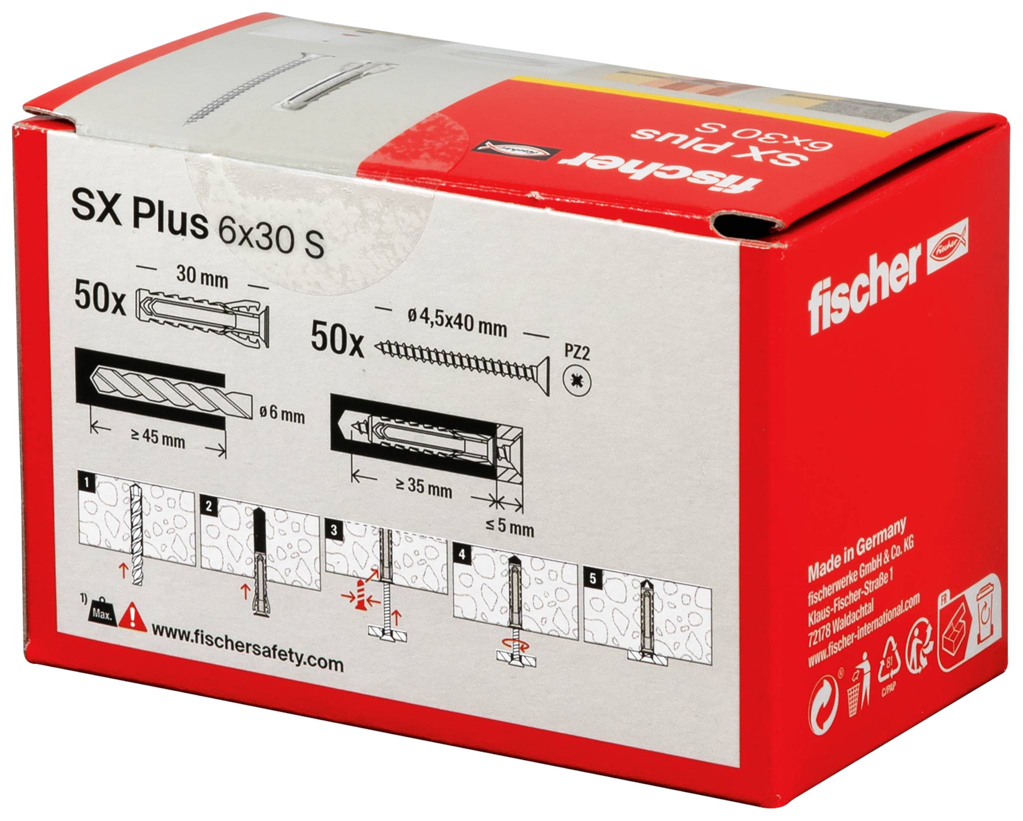 Fischer SX Plus 6x30 S dübeldoboz 50 dübelrel, alkalmas betonhoz, téglához és lyukacsos kőhöz. Különböző terhelési határértékek ábrázolva.