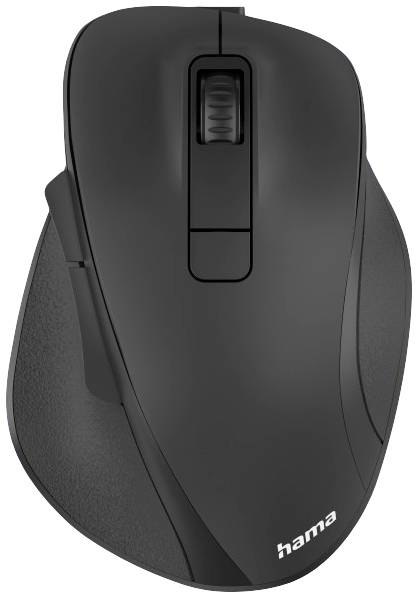 Fekete, vezeték nélküli számítógépes egér ergonomikus kialakítással és görgetőkerékkel. A 'hama' márkanév lent jobbra van nyomtatva.
