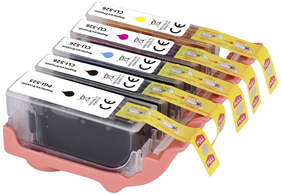 Öt tintapatron különböző színekben (fekete, ciánkék, magenta, sárga) tartóban, mindegyik színszimbólummal és címkével ellátva.