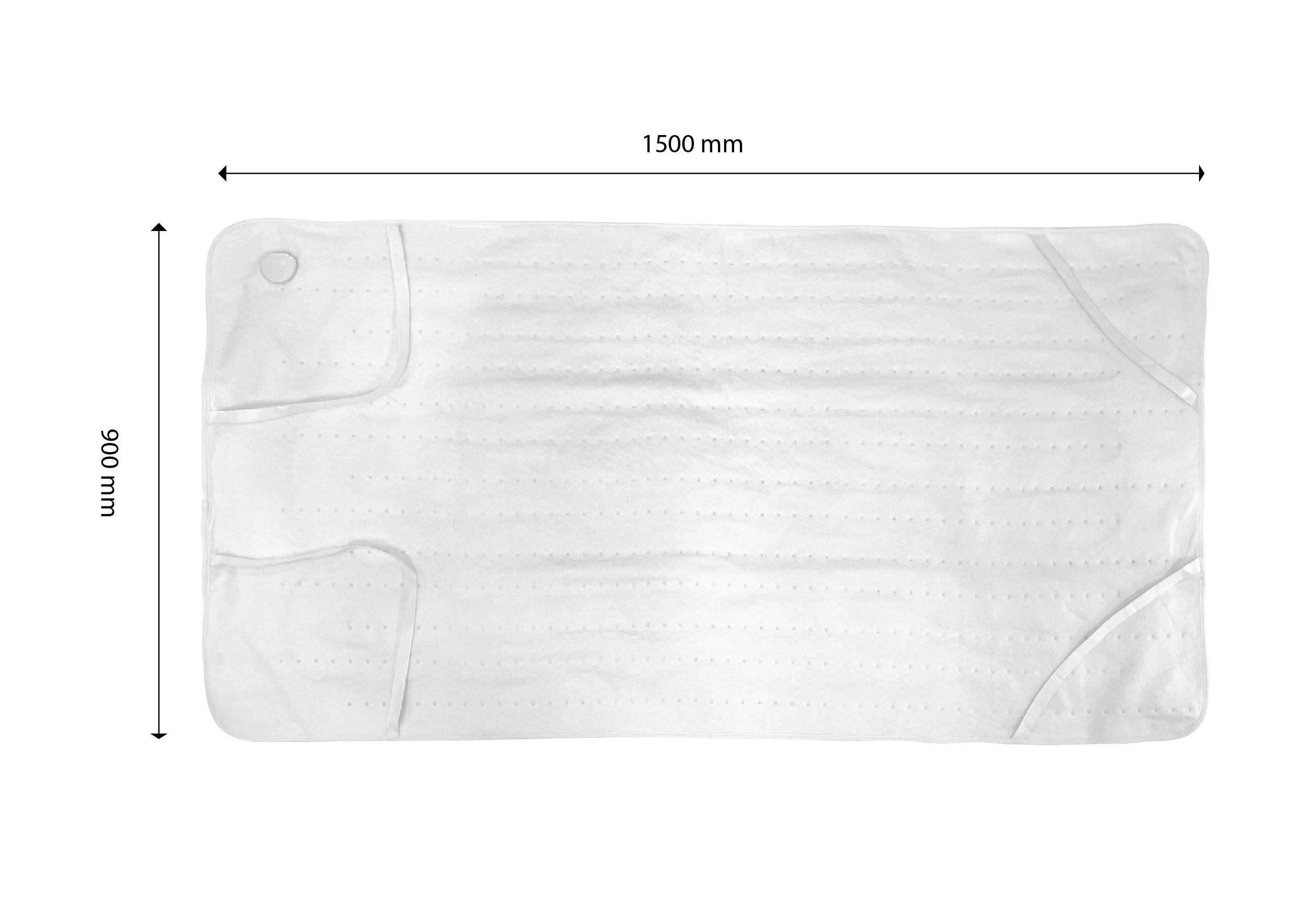 Fehér, téglalap alakú fürdőszőnyeg 1500 mm x 900 mm méretben. A felülete több keskeny vonalat és egy kerek felfüggesztési sarkot mutat.