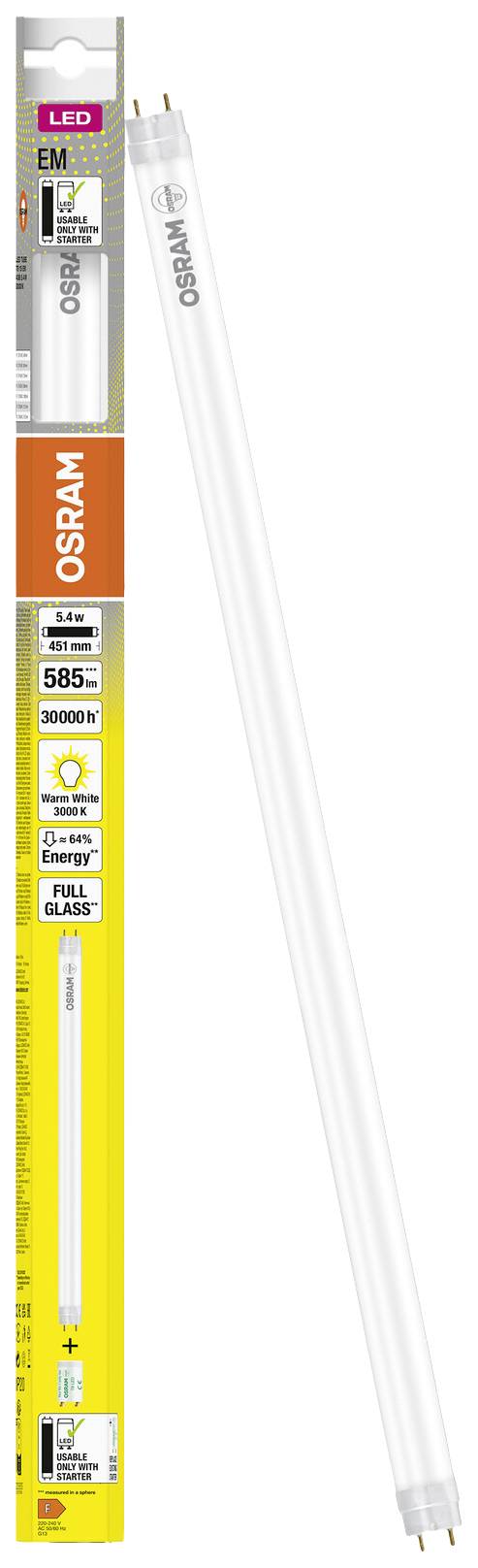 OSRAM LED-fénycső 8,2 W-os teljesítménnyel, 585 lm fényárammal, 3000 K meleg fehér színhőmérséklettel, E energiahatékonysági osztály. A csomag termékrészleteket mutat.