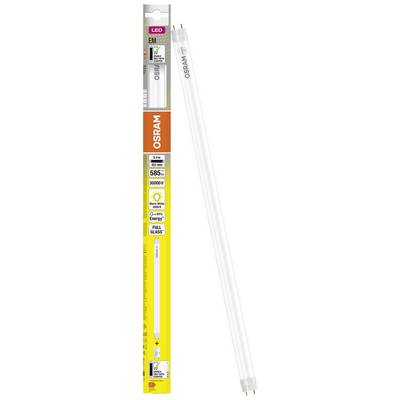 OSRAM LED-fénycső 8,2 W-os teljesítménnyel, 585 lm fényárammal, 3000 K meleg fehér színhőmérséklettel, E energiahatékonysági osztály. A csomag termékrészleteket mutat.