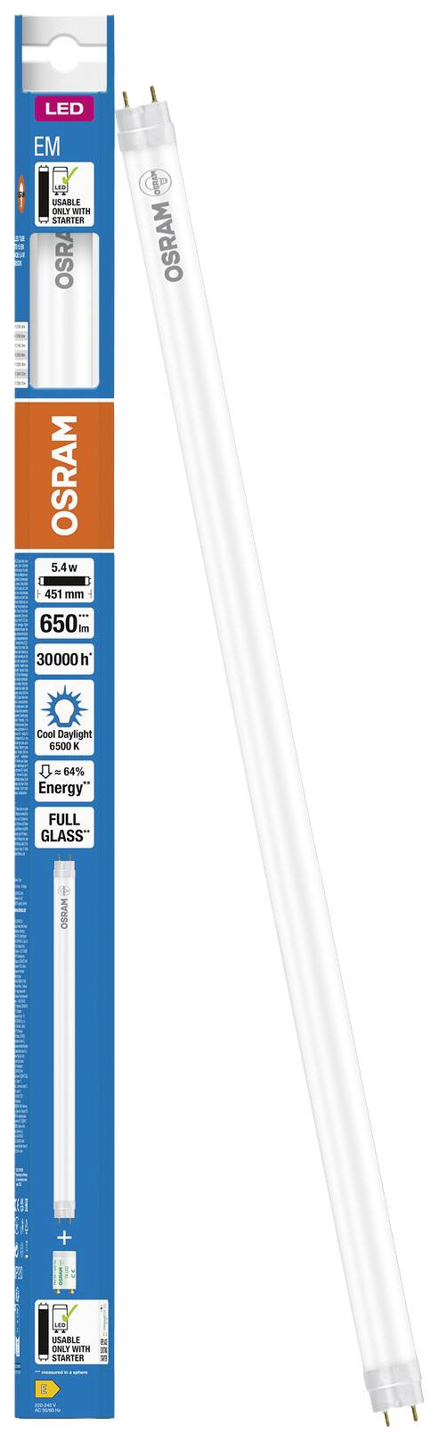 Egy OSRAM LED fénycső, EM modell, 9,1 watt, 405 lumen, 6500 kelvin, F energiaosztály. Alkalmas hideg, világos megvilágításhoz. Csomag- és termékrészlet-nézet.