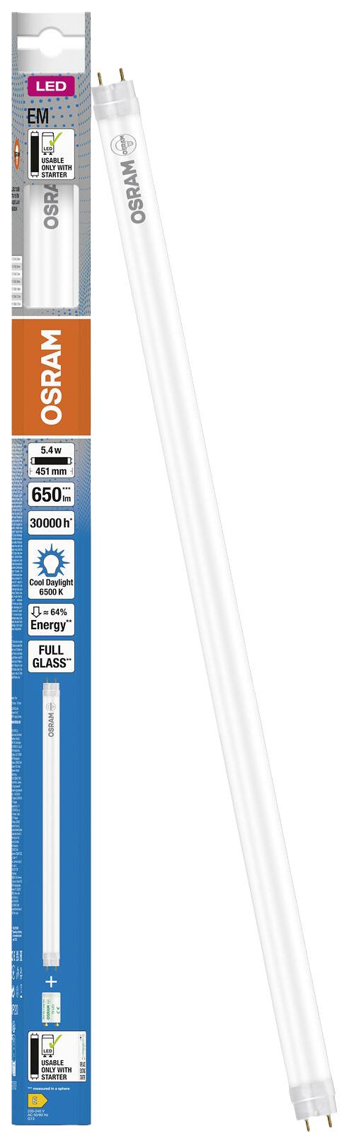 OSRAM energiatakarékos LED fénycső, 18 watt, 6500 Kelvin, semleges fehér fény, 2000 lumen, 30000 óra élettartam.