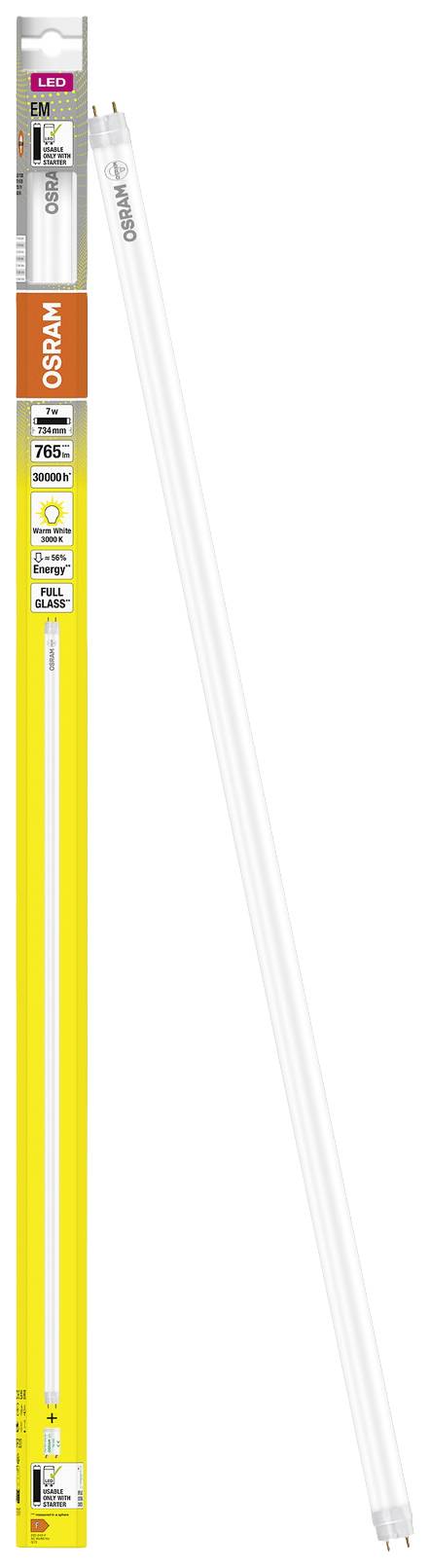 Osram LED-cső eredeti csomagolásban. A csomag sárga, rajta termékadatok és energiainformációk nyomtatva.