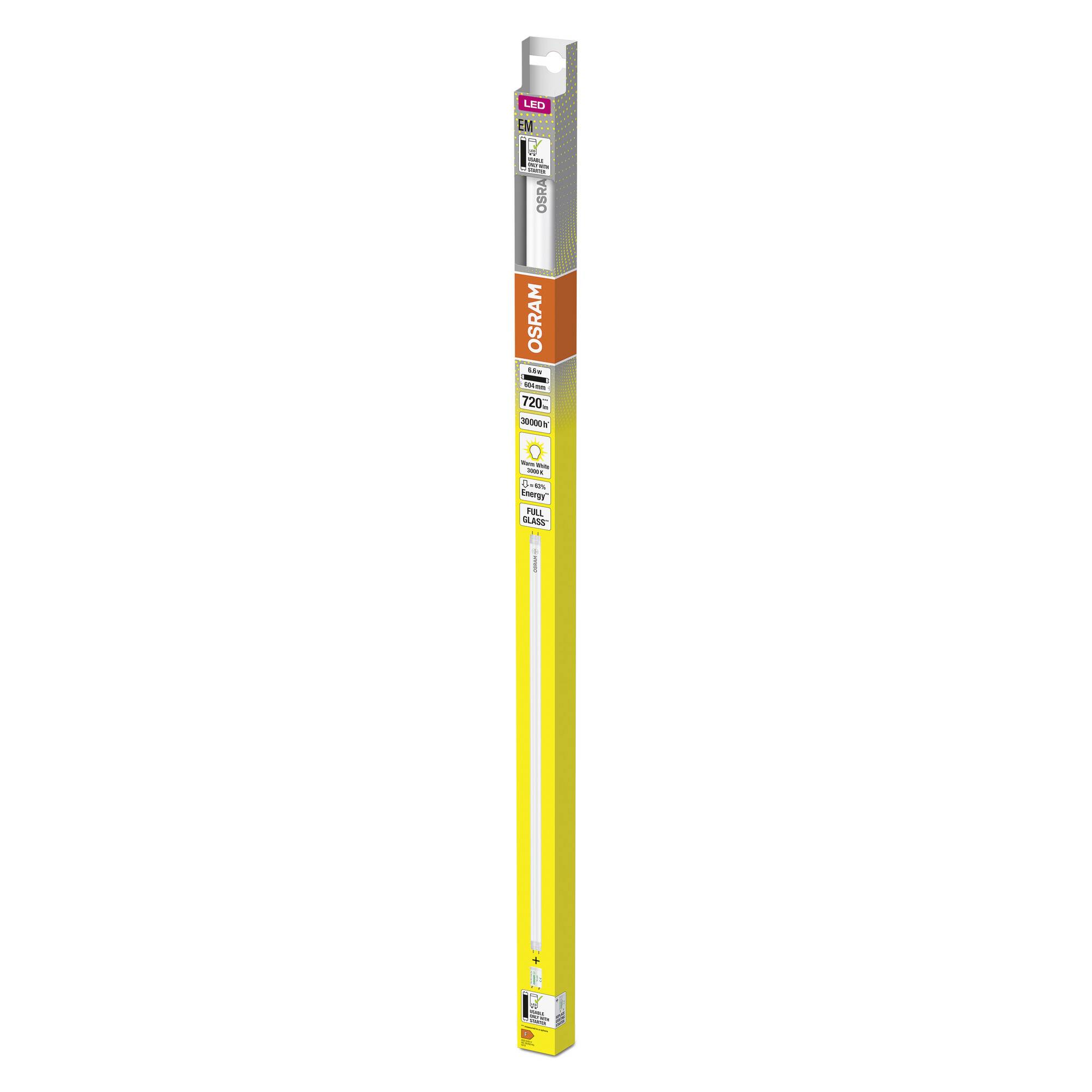 'OSRAM LED Substitube EM Basic' fényforrás sárga csomagolásban, 16,6 watt és 1900 lumen teljesítménnyel. Energiahatékonysági besorolás: A+, hosszúság: 1200 mm.