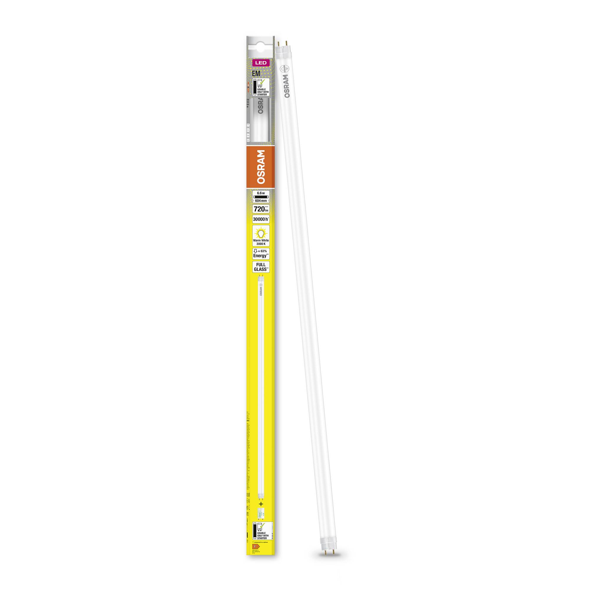 LED fénycső 120 cm Nedis, 18 W, 2200 lm, melegfehér. A csomagolás típusos felhasználási területeket és energiacímkét mutat.