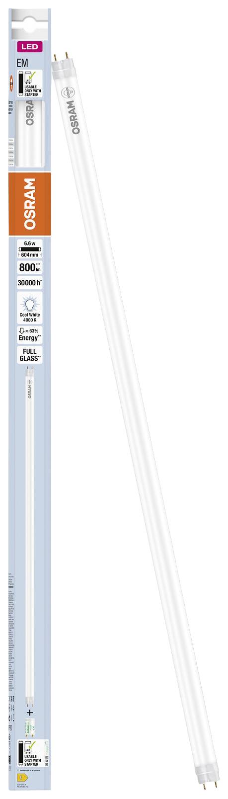Egy LED-fénycső a dobozában. A márkanév és a specifikációk láthatóak. A termék világítási célokat szolgál.