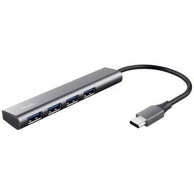 Négy USB-porttal és USB-C-kábel csatlakozóval rendelkező USB-elosztó fémházban.