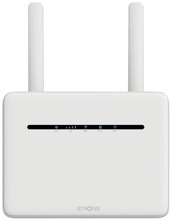 Kétsávos WiFi-router két antennával és öt állapotjelző LED-del: SYS, RF, WiFi, ETH, NET. Alul elöl a 'STRONG' jelölés.