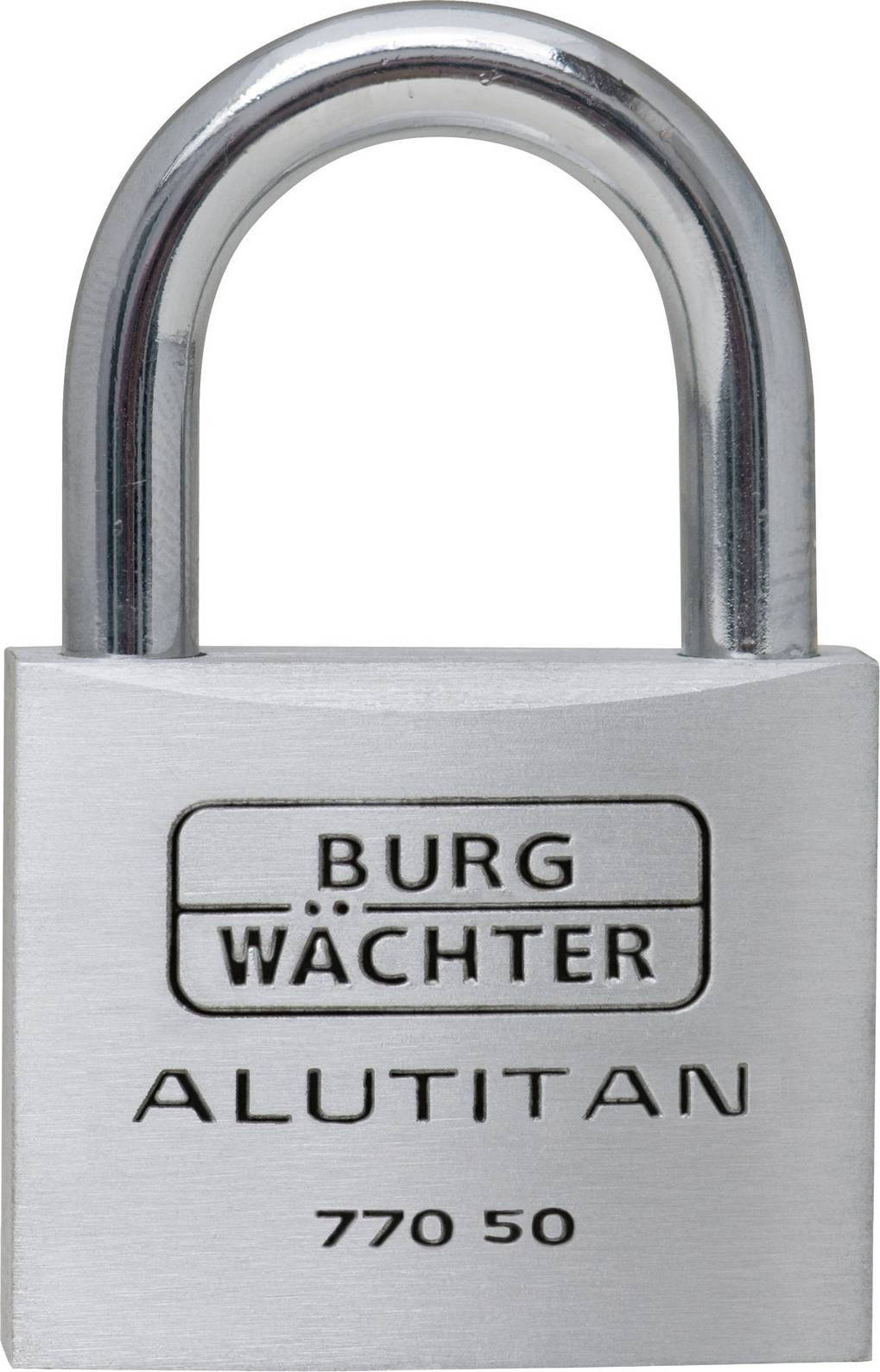 Egy ezüstös lakat, amelyen a 'Burg Wächter Alutitan 770 50' felirat szerepel.