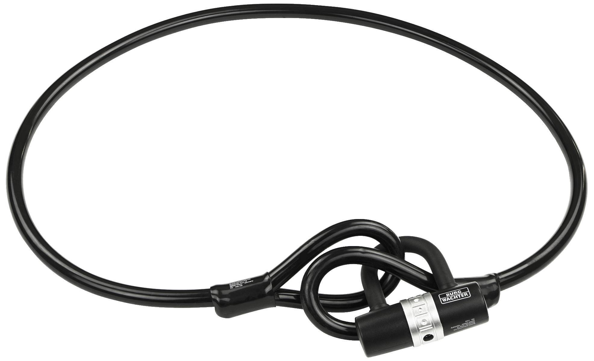 Egy fekete kerékpárzár beépített számlakódos zárral, amely hurkolt mintázatot alkot. Alkalmas lopásgátlásra.