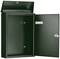 Egy fekete, nyitott postaláda zárral, falra szerelve, üres belső rekesszel.