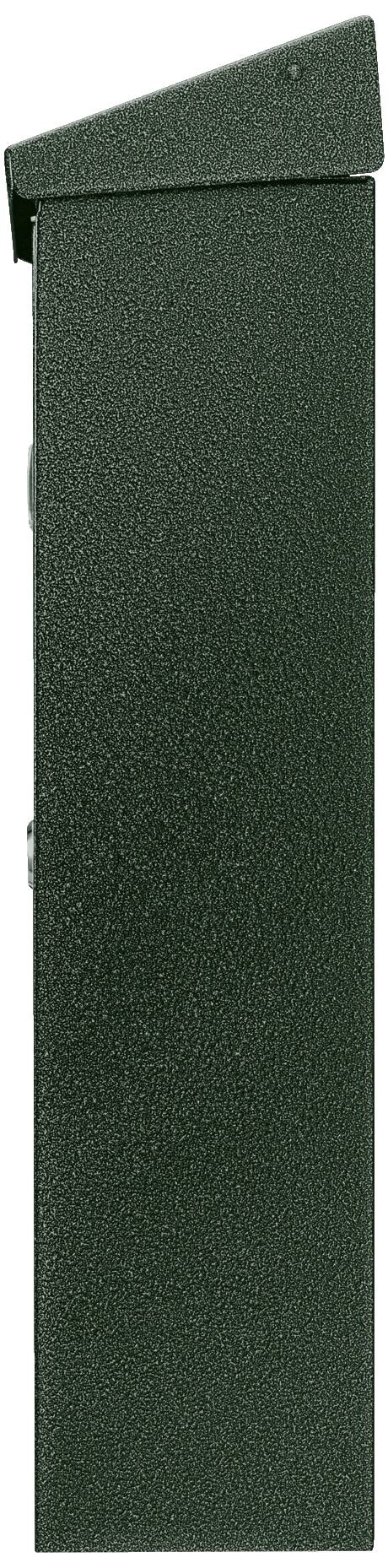 Egy zöld, téglalap alakú fémdoboz ferde tetővel.