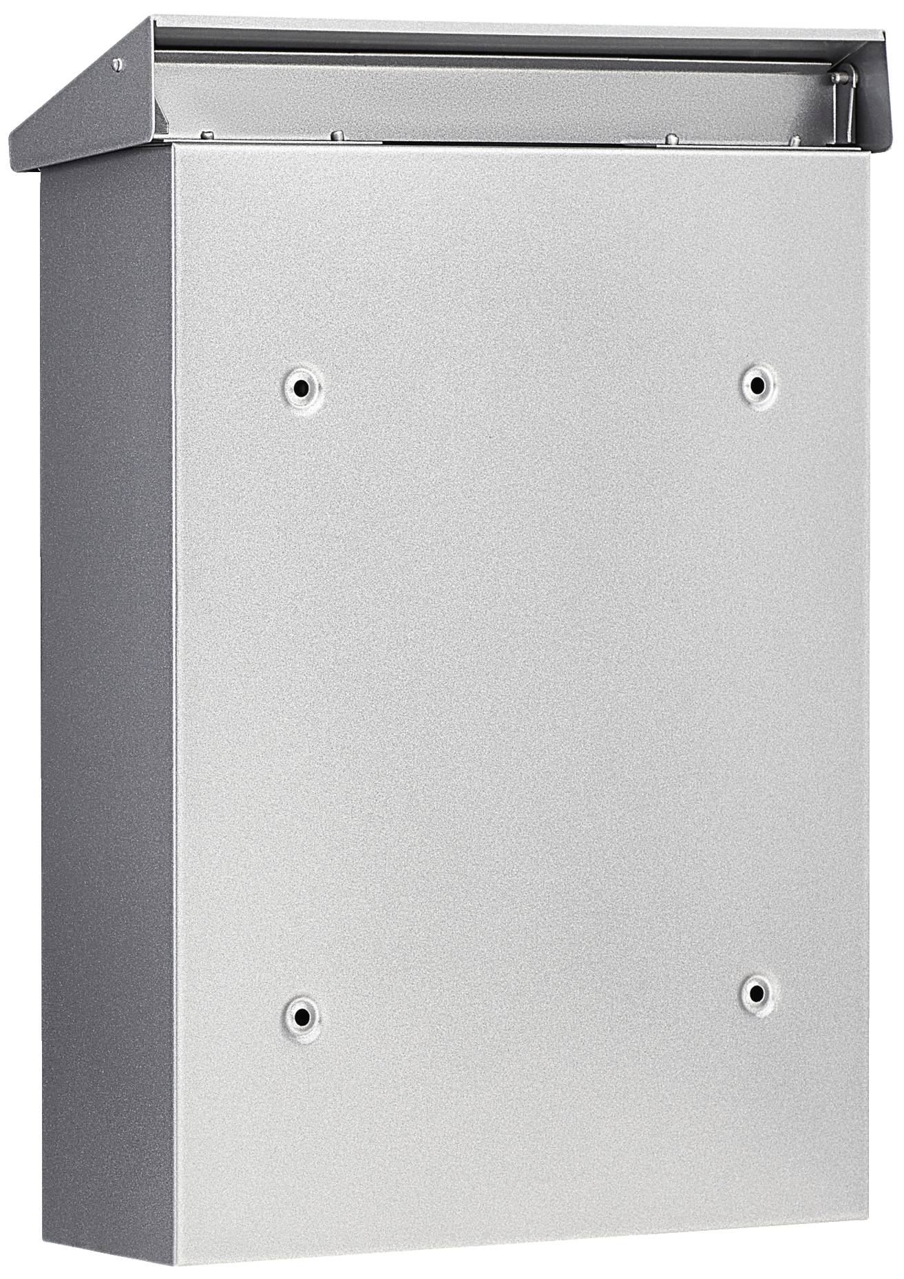 Szürke, négyszögletes postaláda négy rögzítőlyukkal az elülső oldalán, kültéri használatra alkalmas.