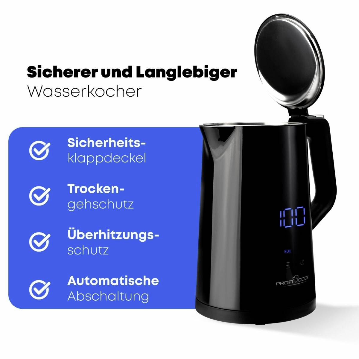 Fekete elektromos vízforraló nyitott fedéllel. A szöveg felsorolja a funkciókat: biztonsági fedélzár, szárazonfutás elleni védelem, túlmelegedés elleni védelem, automatikus kikapcsolás.